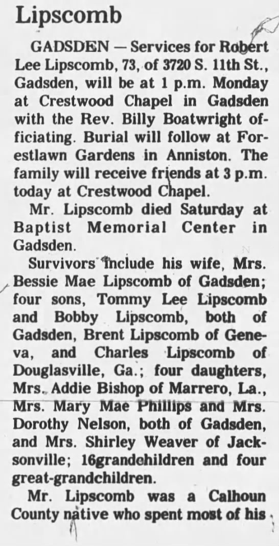 Obituary for Lipscomb Lipscomb (Aged 73)