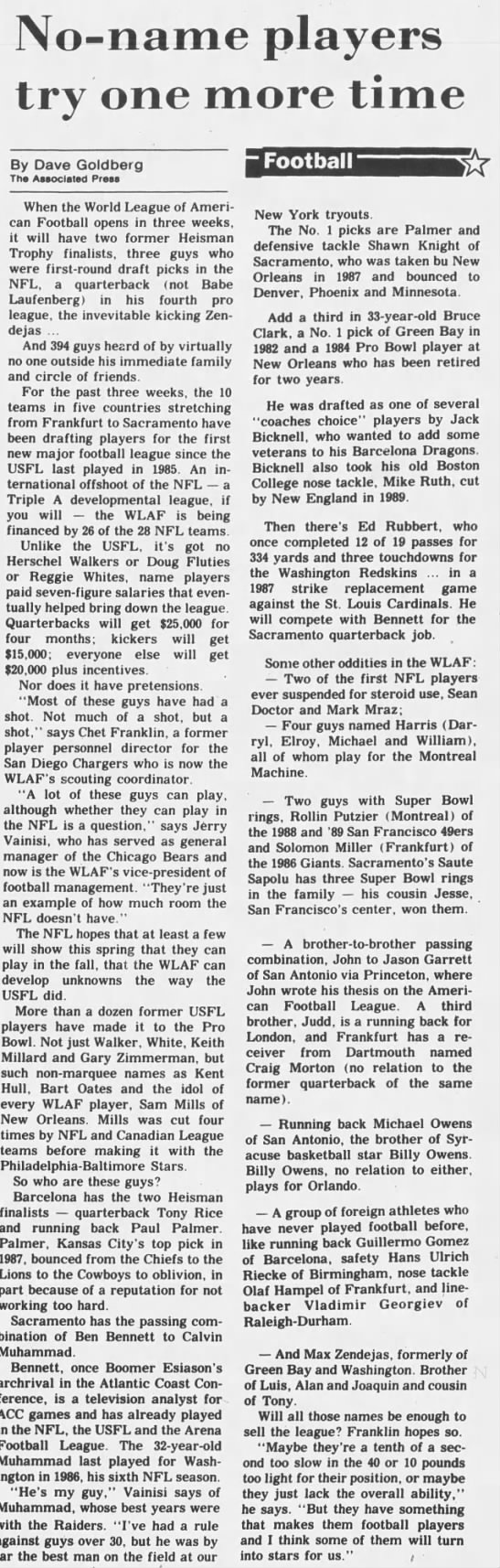 An article about some NFL connections to the 1991 WLAF season. - 