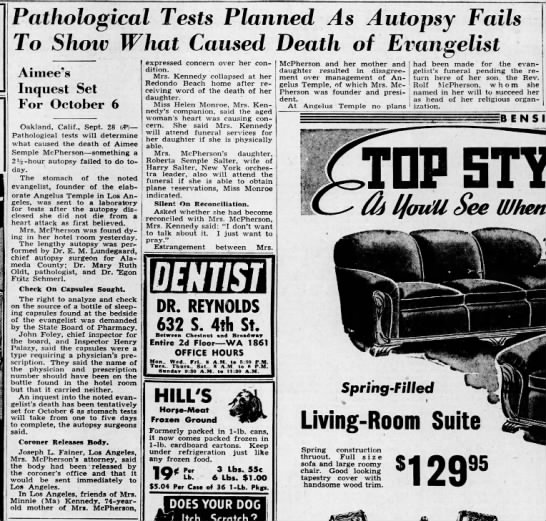 pathology tests planned for Aimee Semple McPherson - 