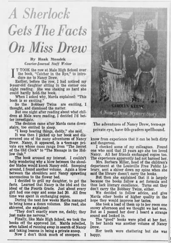 Columnist writes about Nancy Drew, 1960 - 