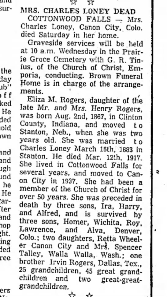 Eliza M Rogers Loney obituary 1967