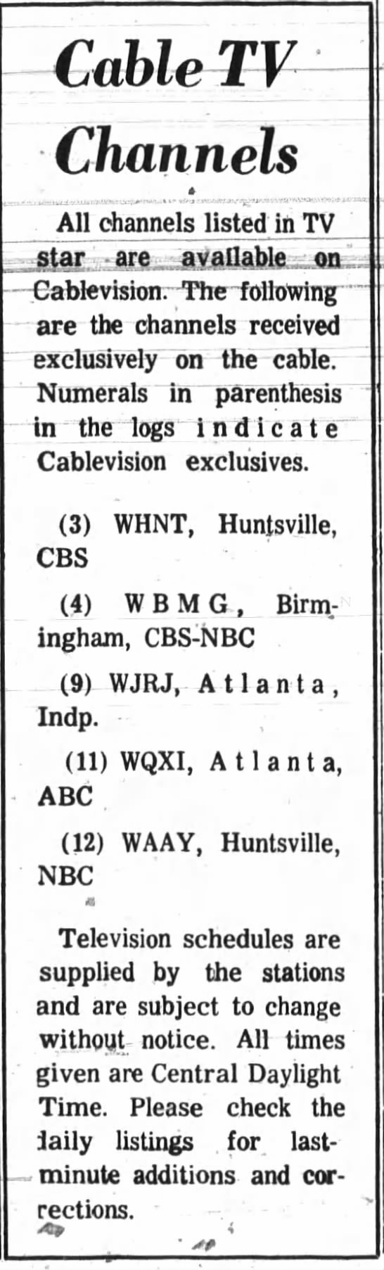Earliest Anniston, Alabama Cablevision lineup with WJRJ-TV Atlanta (Anniston Star 8/2/1969) - 