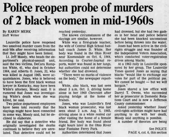 DECORA WHITE MURDERED IN MID-60's, LOUISVILLE, COURIER-JOURNAL 3-7-1989 PG 6 - 