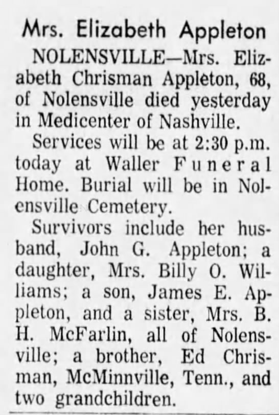 Obituary for Elizabeth Chrisman Appleton (Aged 68)