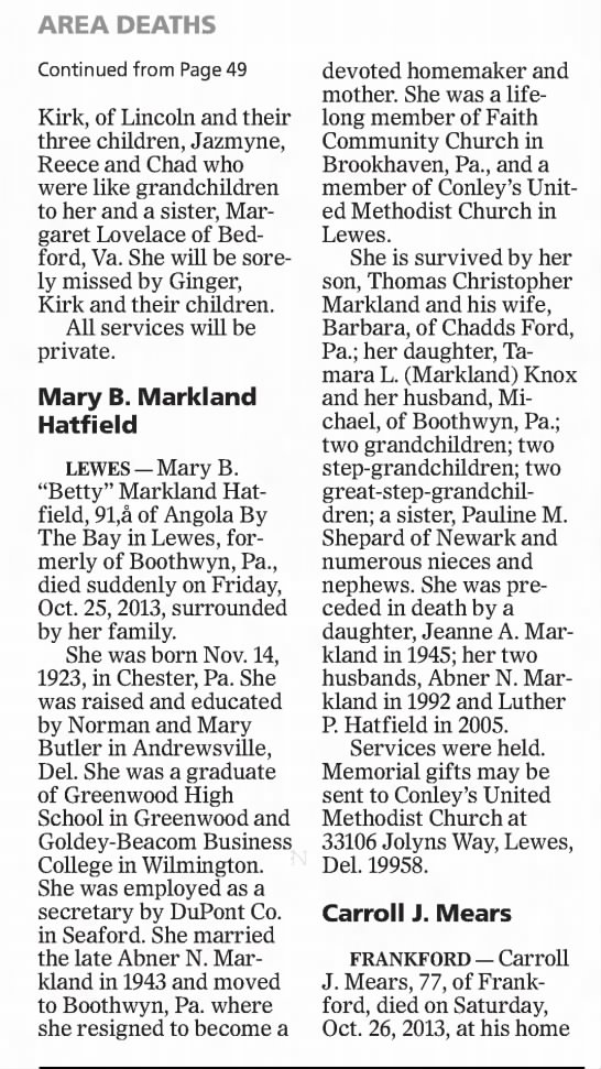 Betty Markland Hatfield obituary - 