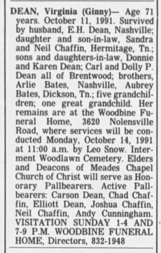 Virginia Bates Dean Obituary - 