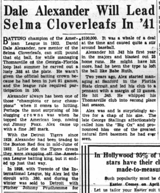 Dale Alexander Will Lead Selma Cloverleafs In '41 - 