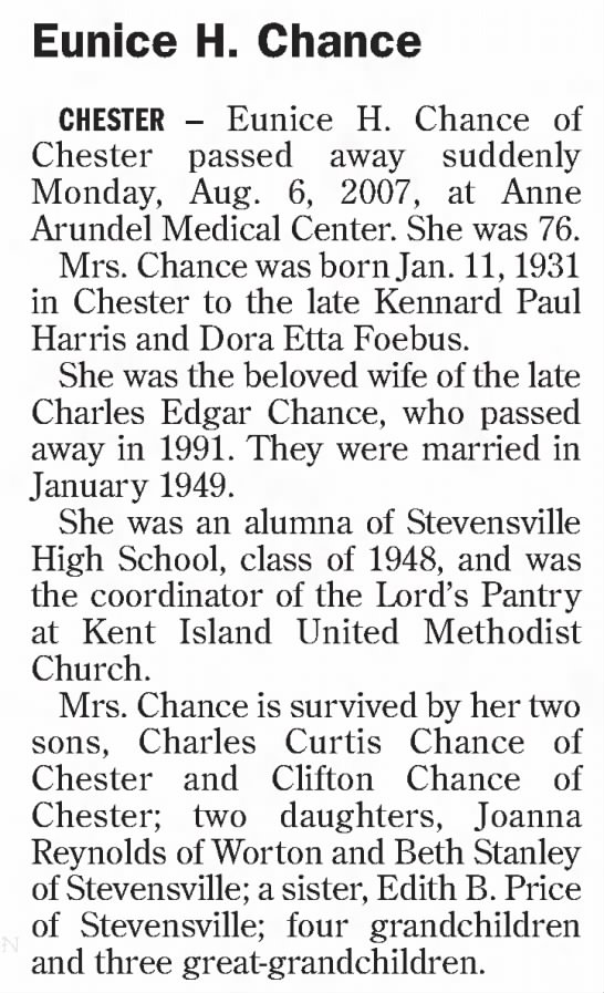 Obituary for Eunice H. Chance, 1931-2007 (Aged 76)