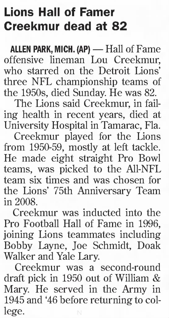 Lions Hall of Famer Creekmur dead at 82 - 