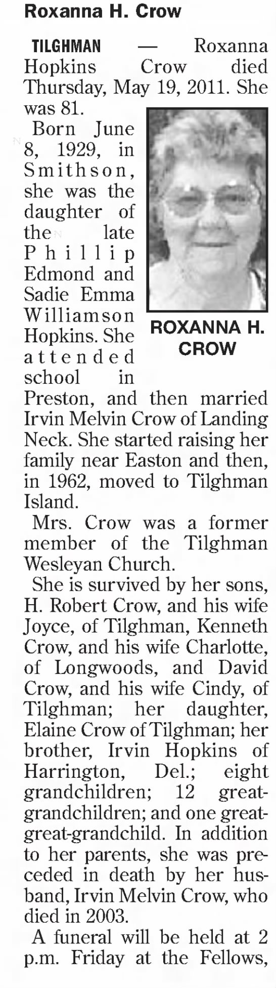 Obituary for Roxanna Hopkins Crow, 1929-2011 (Aged 81 ...
