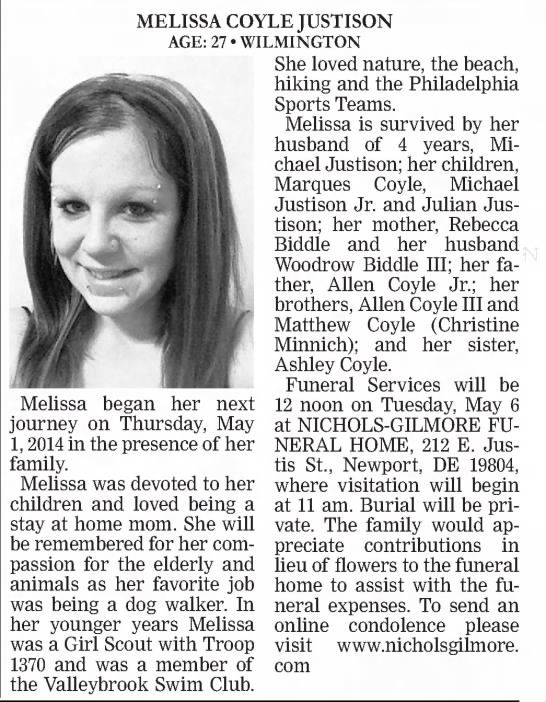 Obituary for MELISSA COYLE JUSTISON (Aged 27)