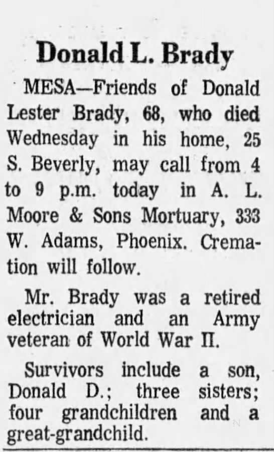 Obituary for Donald Lester Brady (Aged 68)