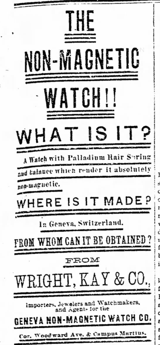 First Advertisement Featuring the Geneva Non-Magnetic Watch Company. - 