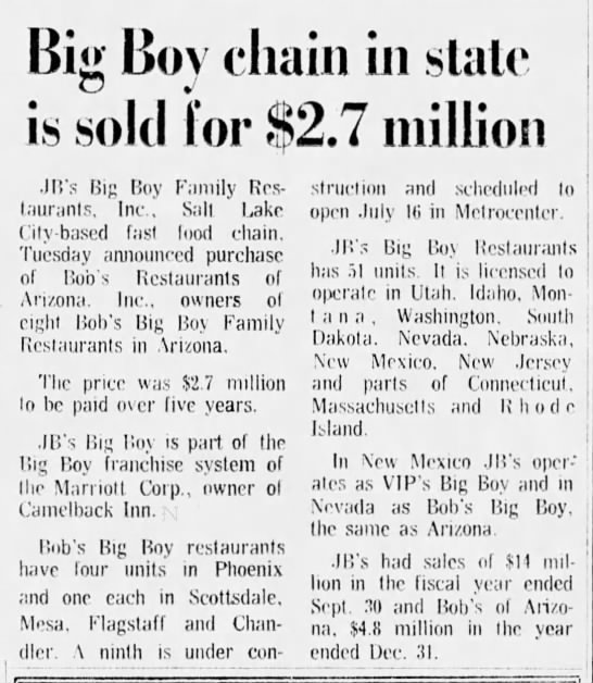 Bob's Big Boy restaurants in Arizona sold to JB's Big Boy chain. - 