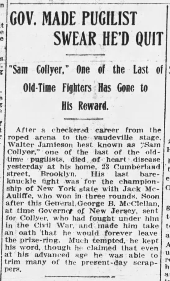 Gov McClellan made Sam Collyer quit boxing - 