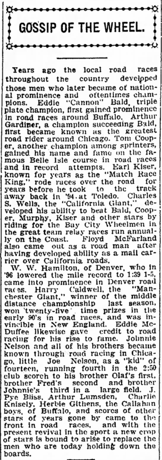 GOSSIP OF THE WHEEL
Charles S. Wells "California Giant" - 