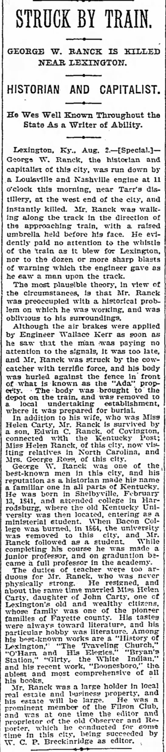George W. Ranck struck by train 1901 - 