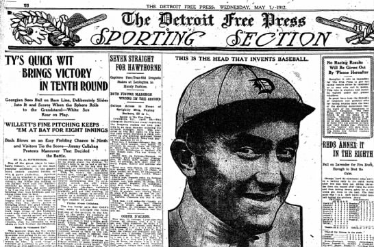 Tigers History: Sporting Section front page, Ty Cobb, 1912 - 