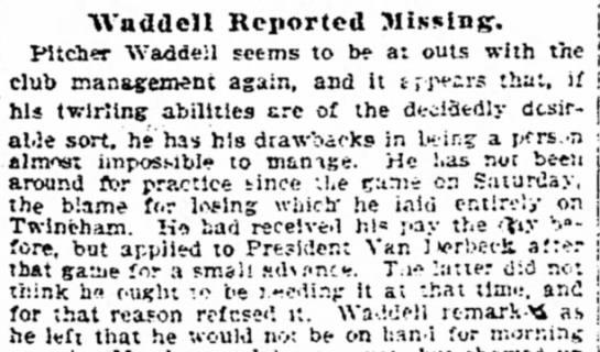 Detroit Free Press: Waddell Reported Missing, 1898 - 