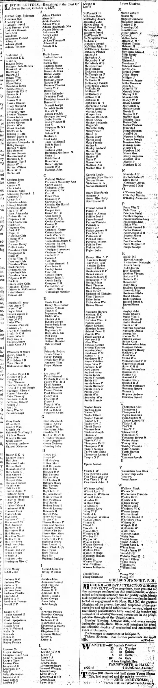 List of letters remaining in the post office at Detroit, Oct 1, 1837 - 