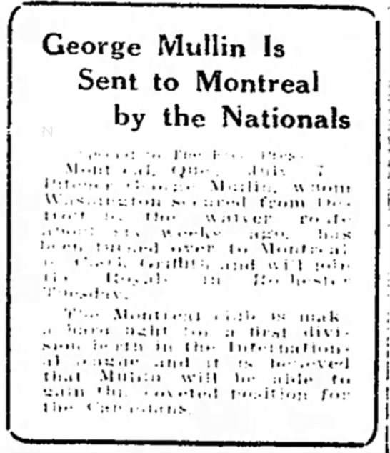 George Mullin Is Sent to Montreal by the Nationals - 