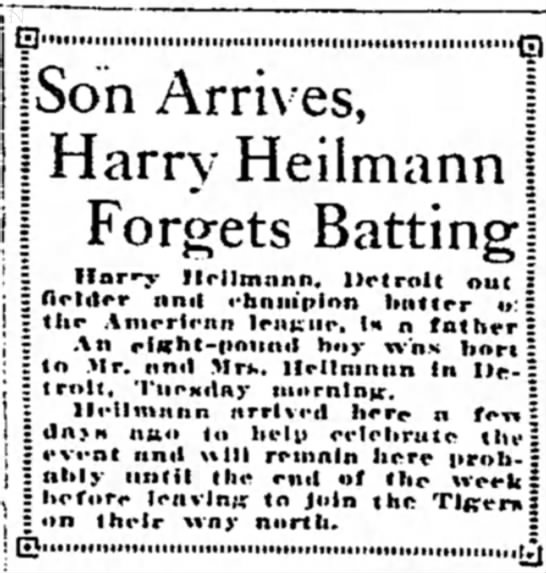 Son Arrives, Harry Heilmann Forgets Batting - 
