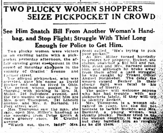 Two Plucky Women Shoppers Seize Pickpocket in Crowd, Detroit 1911 - 