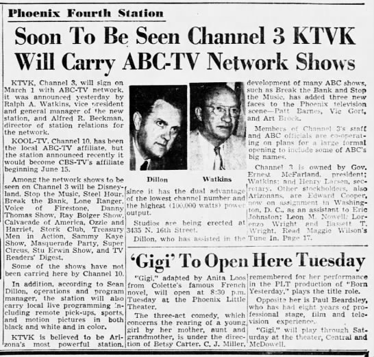 Soon To Be Seen Channel 3 KTVK Will Carry ABC-TV Network Shows - 