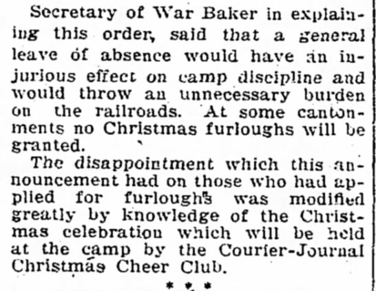 Secretary of War announces that furloughs for Christmas would not be allowed - 1917 - 