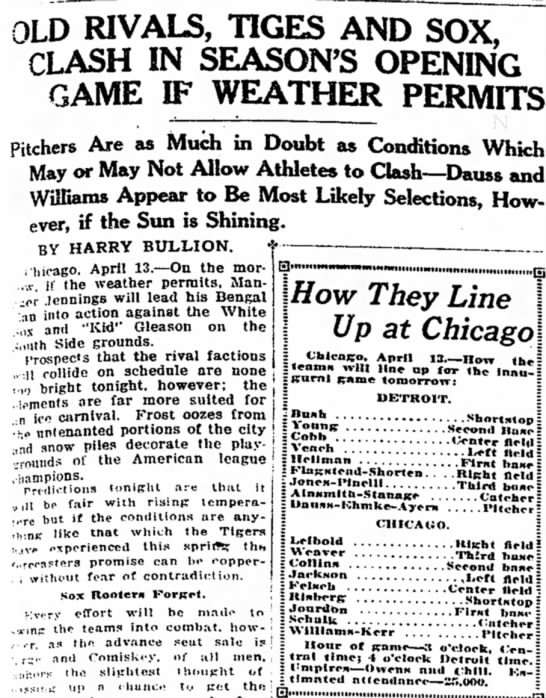 Wed 4/14/1920: Tigers/White Sox Opening Day weather (DET) - 