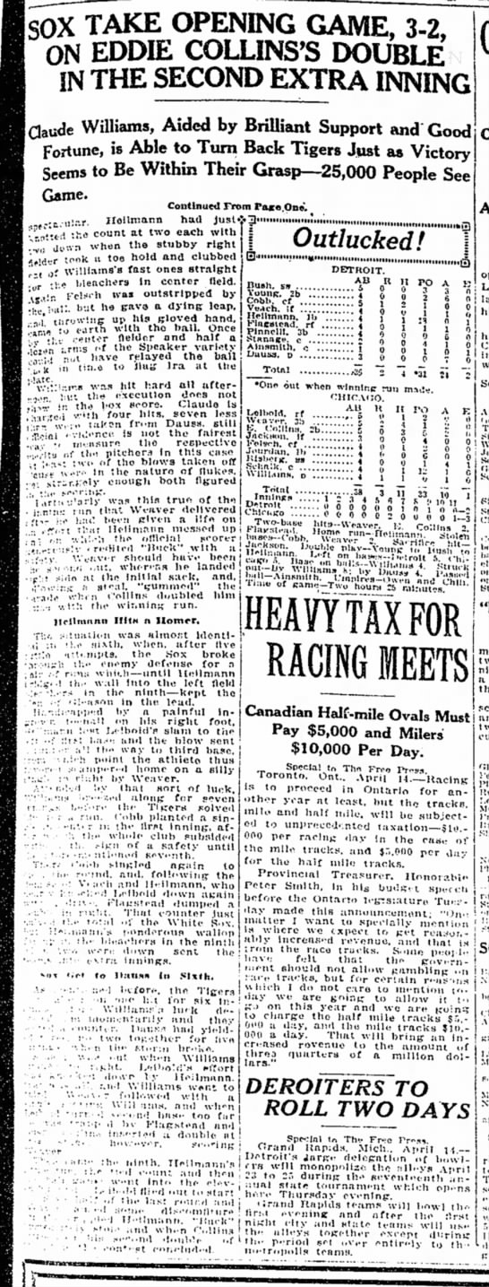 Thurs 4/15/1920: Tigers/White Sox Opening Day Coverage (pg 2 of 2) - 