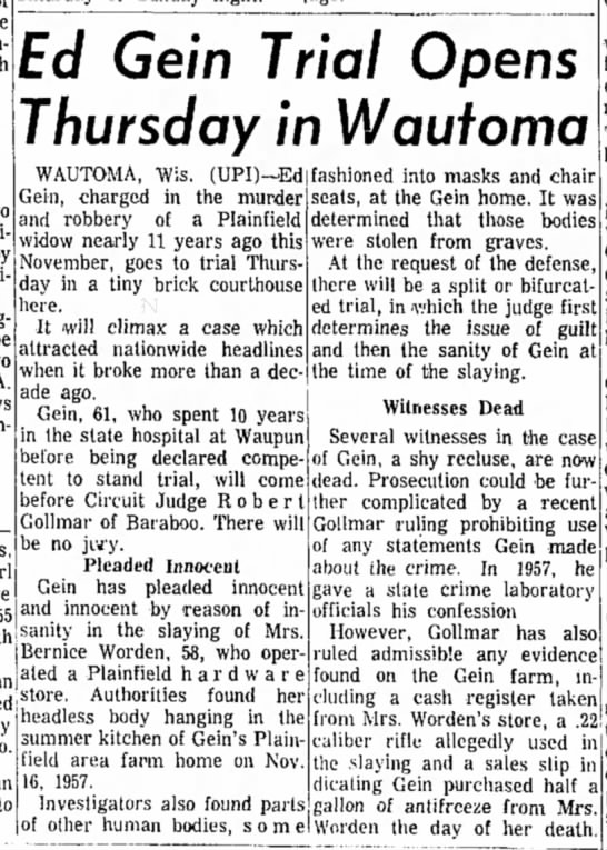 "Ed Gein Trial Opens Thursday in Wautoma" - 