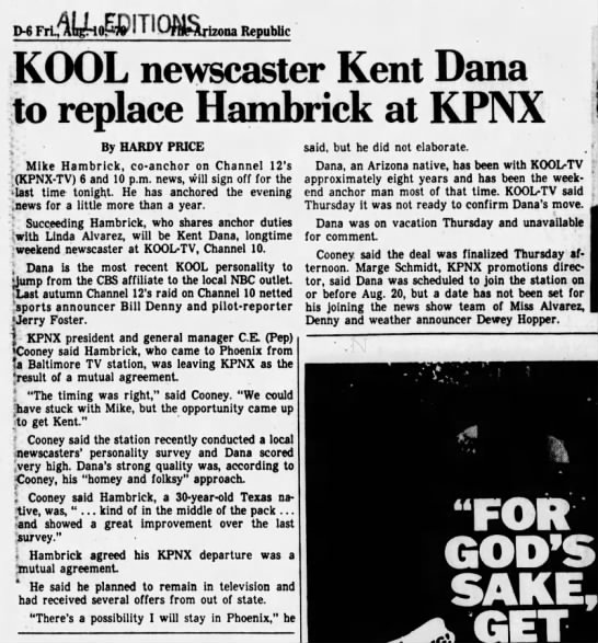 KOOL newscaster Kent Dana to replace Hambrick at KPNX - 