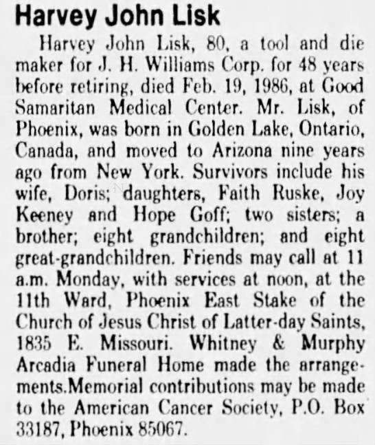 Obituary: Harvey John Lisk (Aged 80) - 