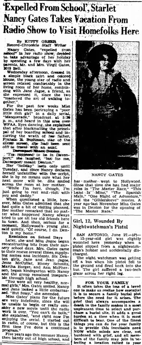 Nancy Gates returns home 1946 - 