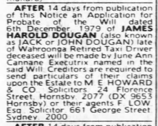 Estate Notice James Harold Dougan (aka Jack or John Dougan) - 