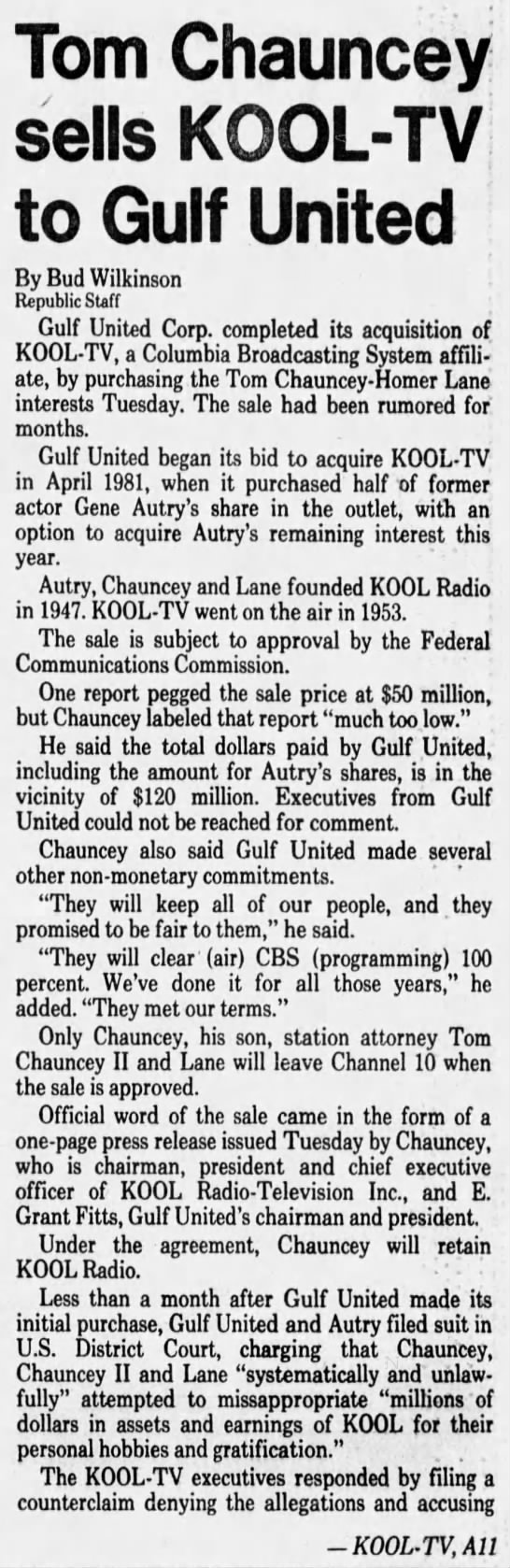 Tom Chauncey sells KOOL-TV to Gulf United - 