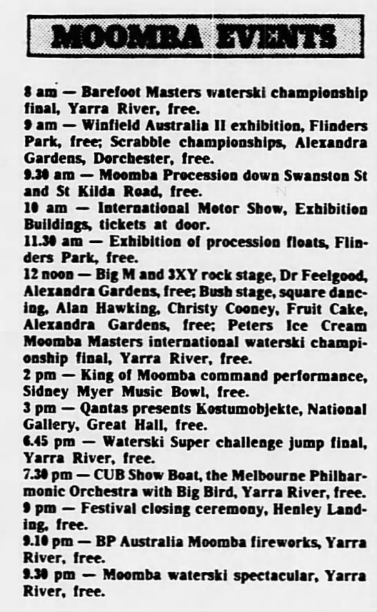 The Age, 12 Mar 1984
Moomba Events (Big Bird CUB Show Boat @ 7:30pm) - 