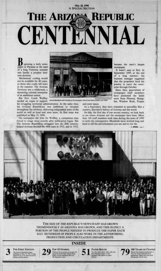 First page of the Arizona Republic Centennial Edition - 