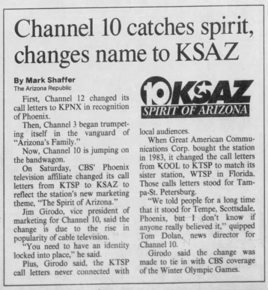 Channel 10 catches spirit, changes name to KSAZ - 