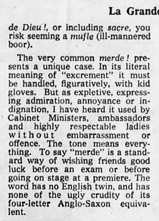 "Merde"=good luck (1976). - 