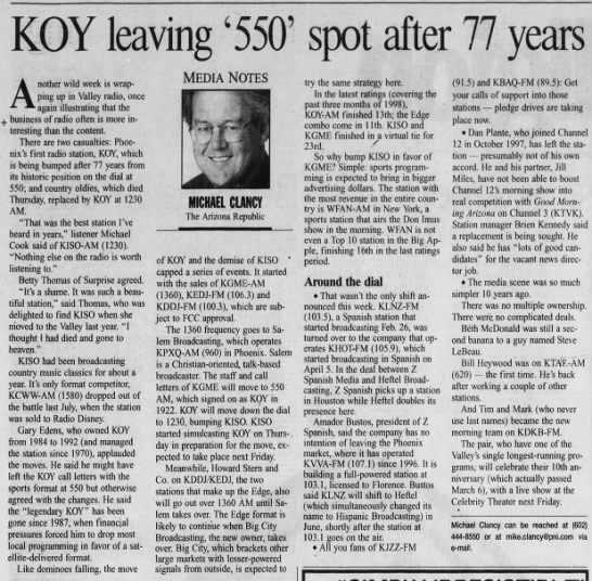 KOY leaving '550' spot after 77 years - 