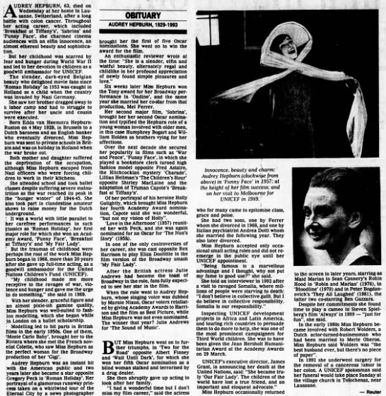 Audrey Hepburn’s obituary after her death on 20 January 1993 - 