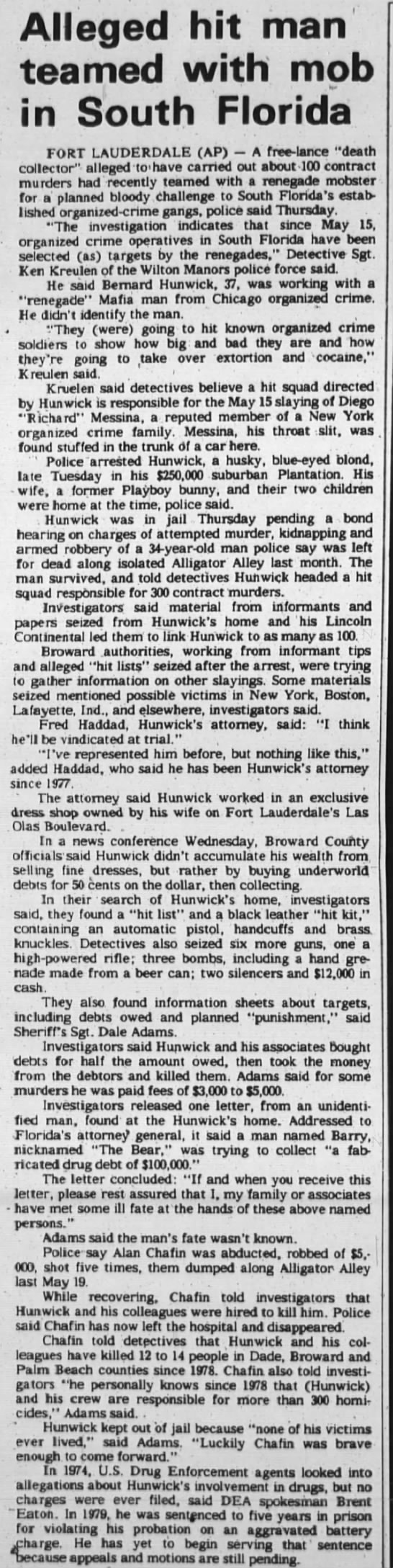 Hunwick Hitman Teamed with Mob June 11, 1982 - 