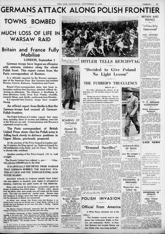Australian newspaper coverage of first day of German invasion of Poland in 1939 - 