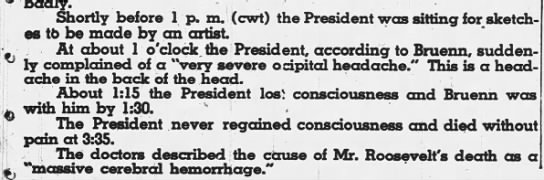 Roosevelt complains of a headache before death - 