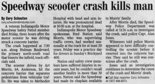 Death of Art Morris, safety crew member at an auto racing event - 