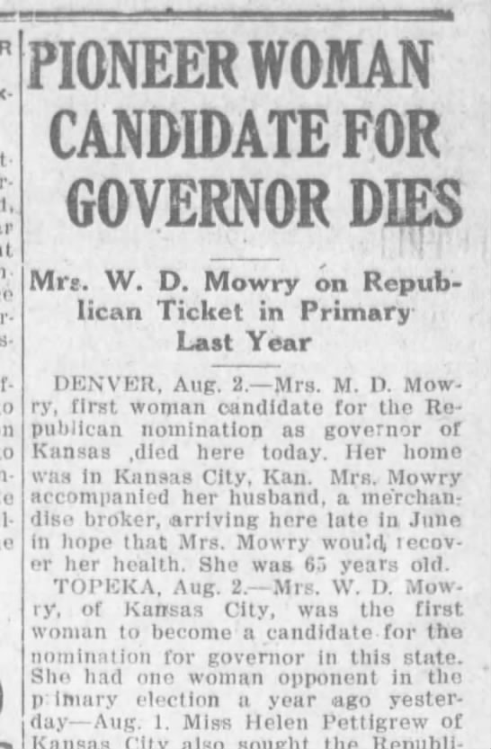 Mrs W D Mowry dies (Denver & Topeka releases) - Aug 2, 1923 - 