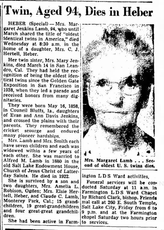 Death notice of Margaret Jenkins Lamb