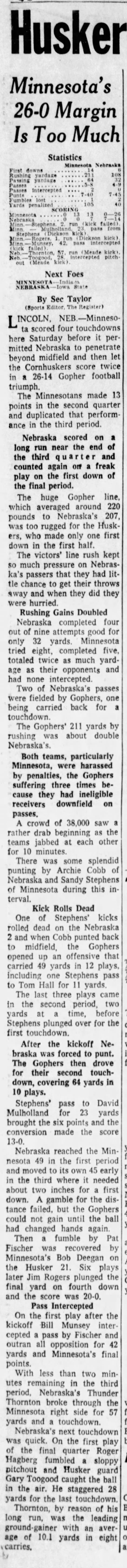 1960 Minnesota at Nebraska football, Des Moines Register - 